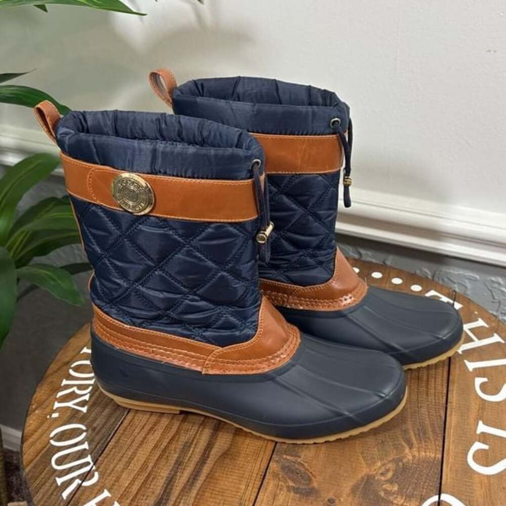 Tommy Hilfiger Arcadia Quilted Winter Duck Boots Navy Blue Brown - Sz 10